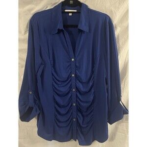 Ellen Tracy Blue Career Blouse Gold Button Down  SZ XL